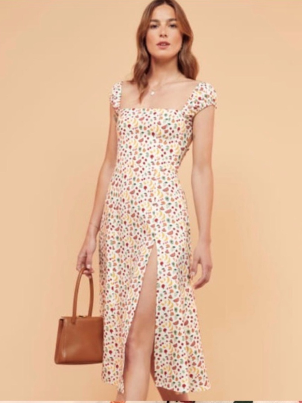 Reformation Silva Dress Backless Tie Midi Dress Multicolor Fruit Print